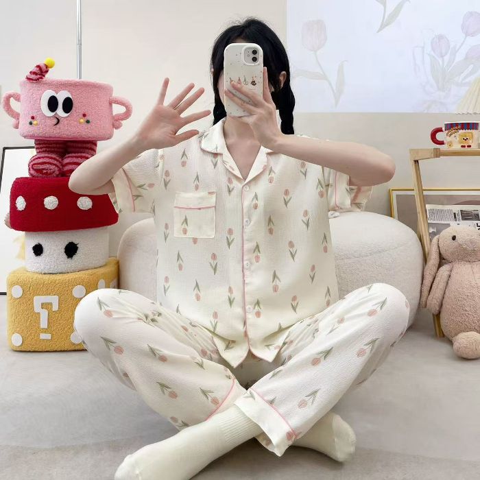 Vietnam transfronterizo al por mayor pijamas de verano para mujer, pantalones frescos de manga corta, cárdigan estampado, servicio a domicilio, dos trajes