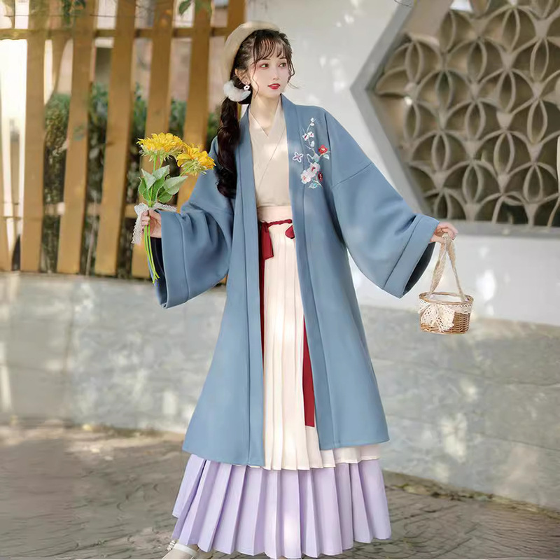 Hanfu for Women, Chinese Style, Song Dynasty Style, Cross-Collar Pleated Skirt Jacket, Modified Ancient Costume, Embroidered, Palace Style, New Chinese Style, Zen Style