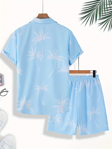 Men's Summer Tropical Palm Tree Print Pajama Set Polyester