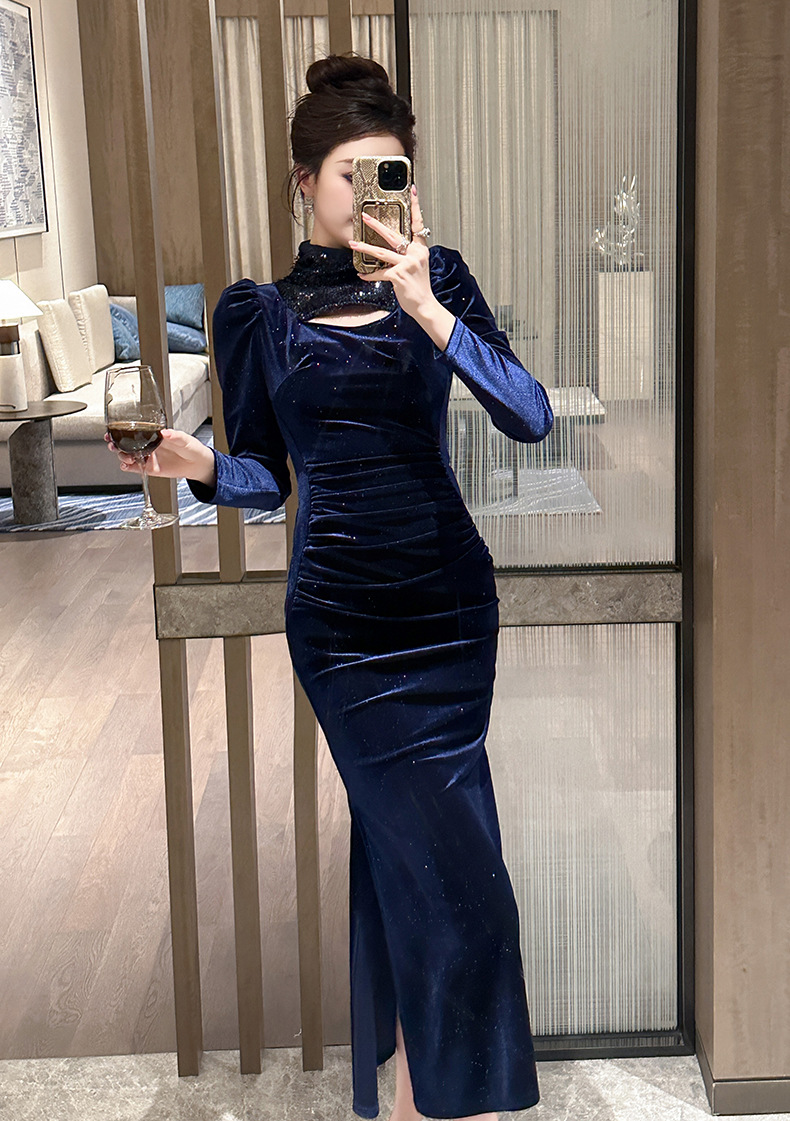 Đầm dạ hội nữ kiểu Pháp cổ tròn ôm sát hông chất nhung lấp lánh — Màu xanh lam chi tiết 13