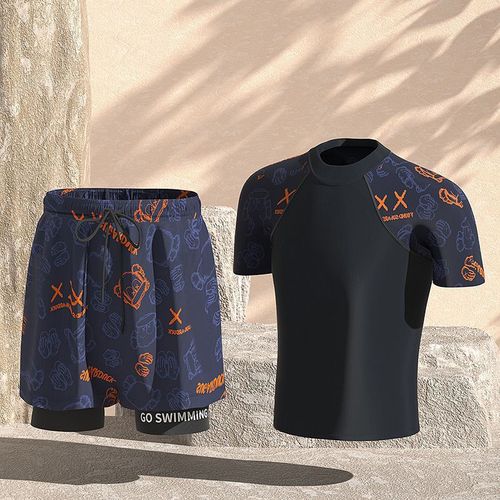 Men's swimsuit suit new fashion large size boxer fake two-piece anti-embarrassing printed sports swimming spa shorts