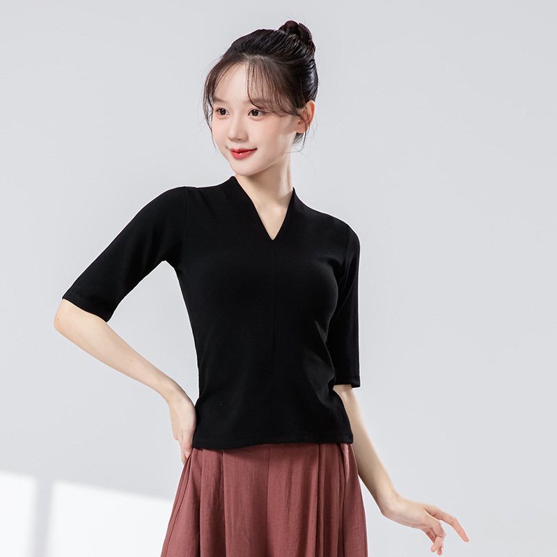 モダンダンス練習着 女性用 新型 Vネック スリムフィット 半袖ニットトップス 中国舞踊 日常体操 ダンスウェア|undefined