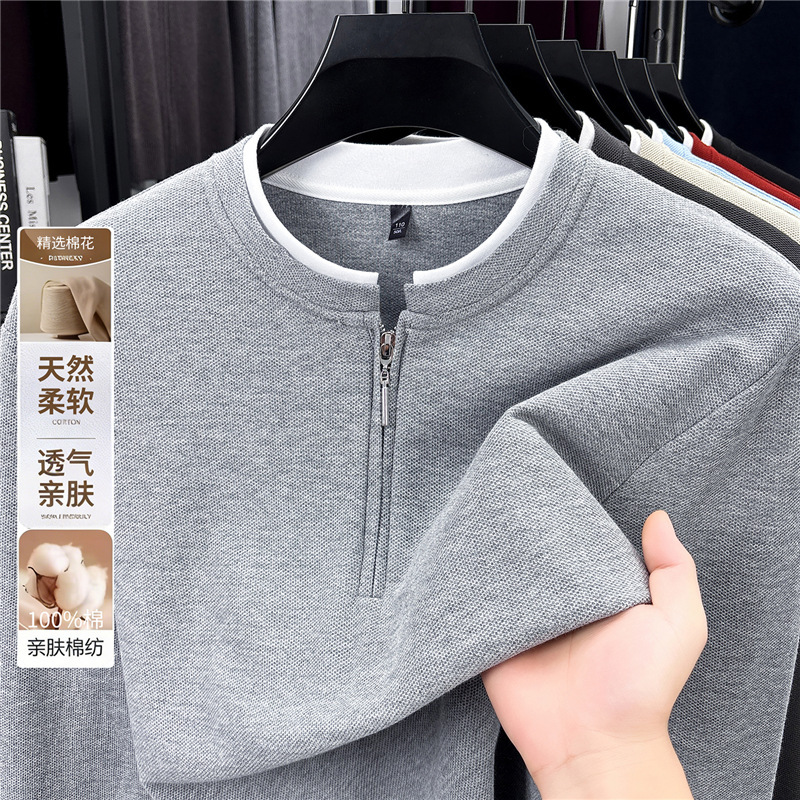 100% pure cotton cross-border men's half-zip crew neck sweatshirt, autumn long-sleeve t-shirt, men's casual pullover clothing