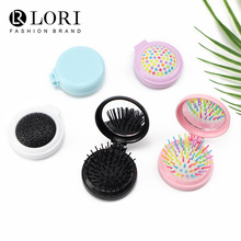 新款化妆圆镜折叠梳便携糖果色口袋梳女生可爱彩虹气垫按摩圆镜梳