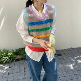 多巴胺彩色条纹圆领加厚针织背心毛衣马甲女款2026新款设计感上衣