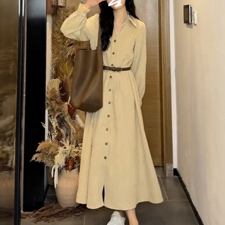 法式感V领花边长袖衬衫连衣裙子女早秋新款收腰显瘦气质长裙|undefined