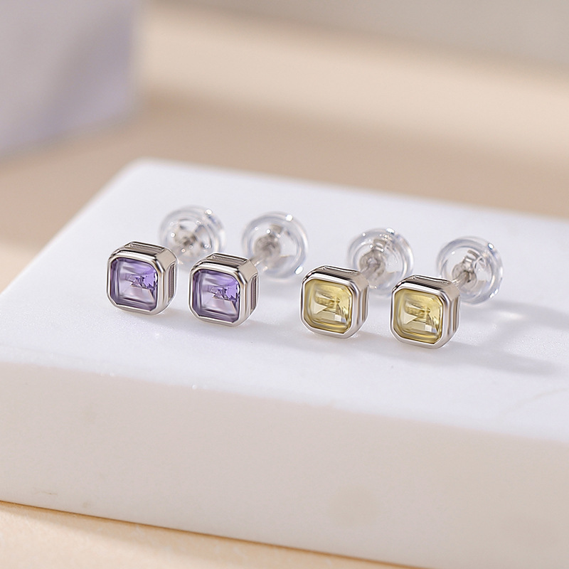 Bông tai bạc S925 mạ vàng đính đá thạch anh tím mặt cắt vuông — Kiểu citrine màu vàng