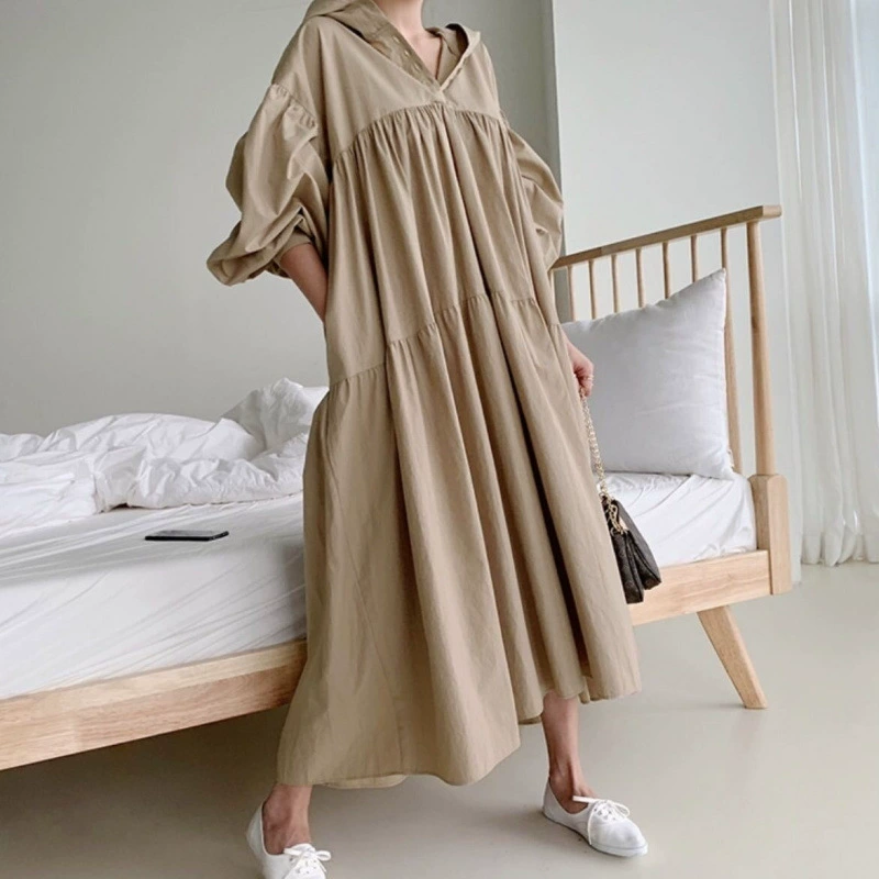 Шикарное корейское свободное длинное платье с капюшоном, корейское весеннее новое тонкое плиссированное платье большого размера