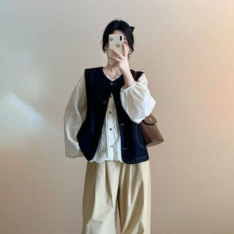 韩系复古早秋穿搭一整套牛仔马甲背心女+绣花衬衫+垂直宽松感裤子|undefined