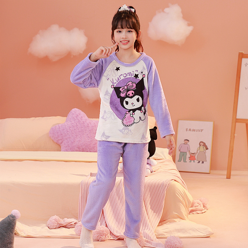 2025 invierno ropa infantil de franela dibujos animados cuello redondo pijamas de manga larga niñas chaqueta caliente set de ropa para el hogar supermercado
