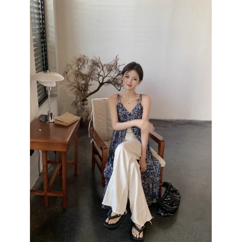 French Style Floral V-neck Sling dress Women's Summer Sweet Spice Dress Blue Retro Elegant Split Long Dress