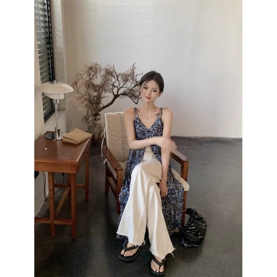 French Style Floral V-neck Sling dress Women's Summer Sweet Spice Dress Blue Retro Elegant Split Long Dress