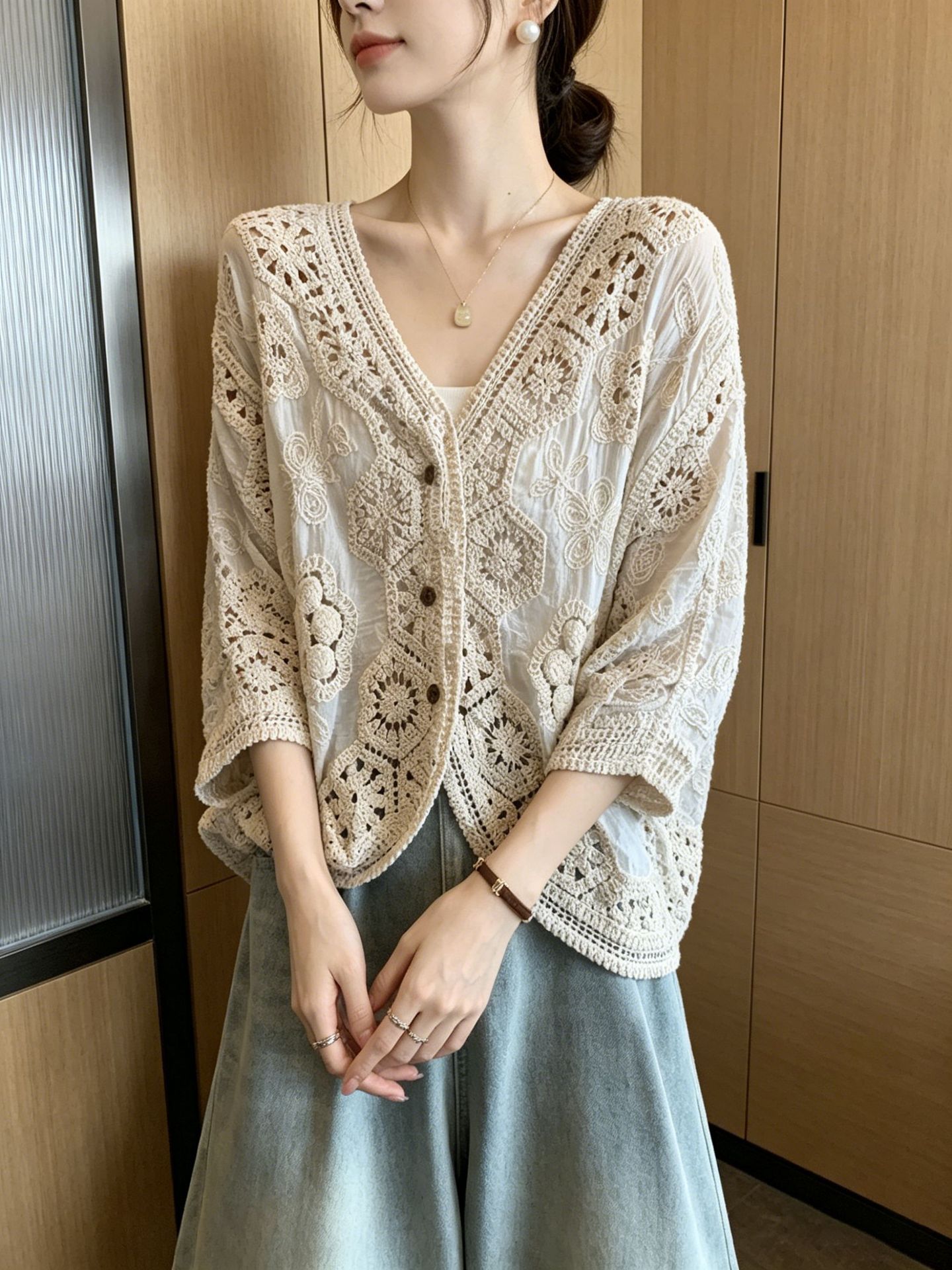 Áo chống nắng hở cổ tay bảy phần nữ phong cách trẻ trung — Màu ảnh chi tiết 9