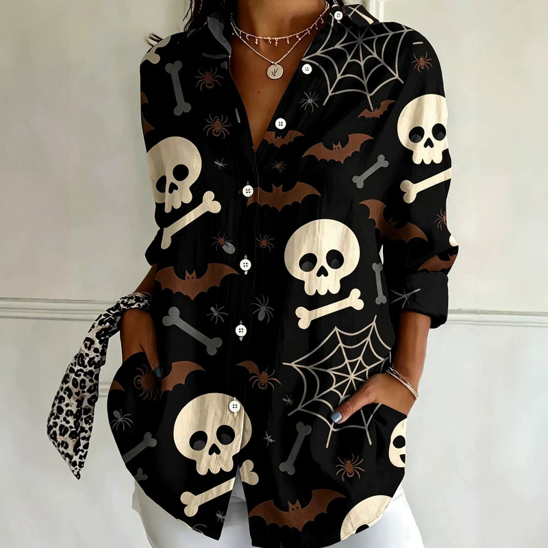 European and American Halloween-themed printed shirt for women, loose-fitting shirt with a festive atmosphere
