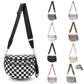 新款潮女士单肩包百搭贝壳包黑白格斜跨包带耳机包轻便户外运动包