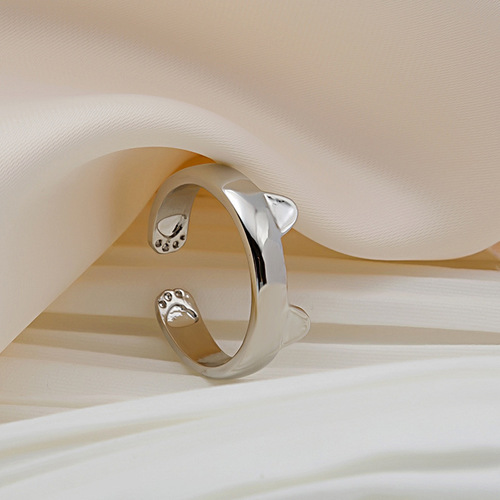 Korean version of cute and playful cat ear ring student simple copper animal cat claw ring opening adjustable
