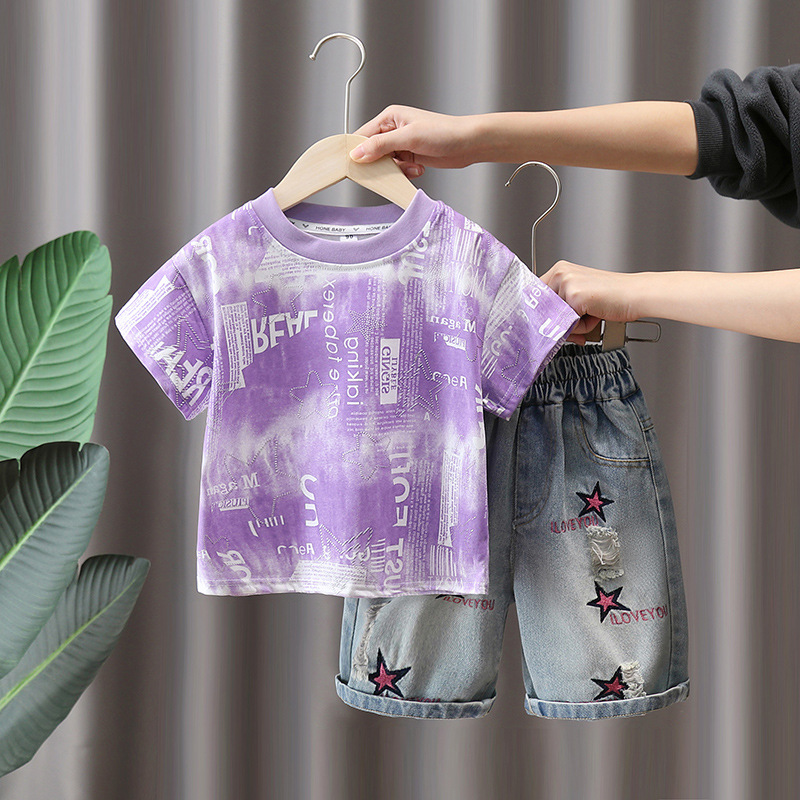 7277 Traje de camiseta de manga corta para niños 2025 nueva ropa delgada de verano para niños, traje de verano de dos piezas de verano