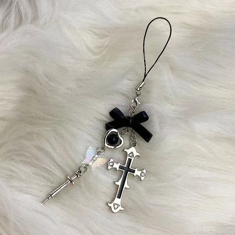 Cross-border New Butterfly Cross Needle Phone Chain Ins Vintage Y2K Millennium Style Keychain Bag Hanging Ornaments