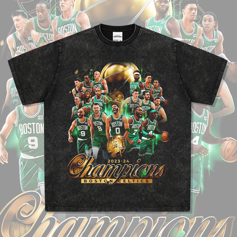 Cross-Border American Retro Celtics Boston Celtics Championship Printed T-Shirt Washed High Street Heavy Trend t