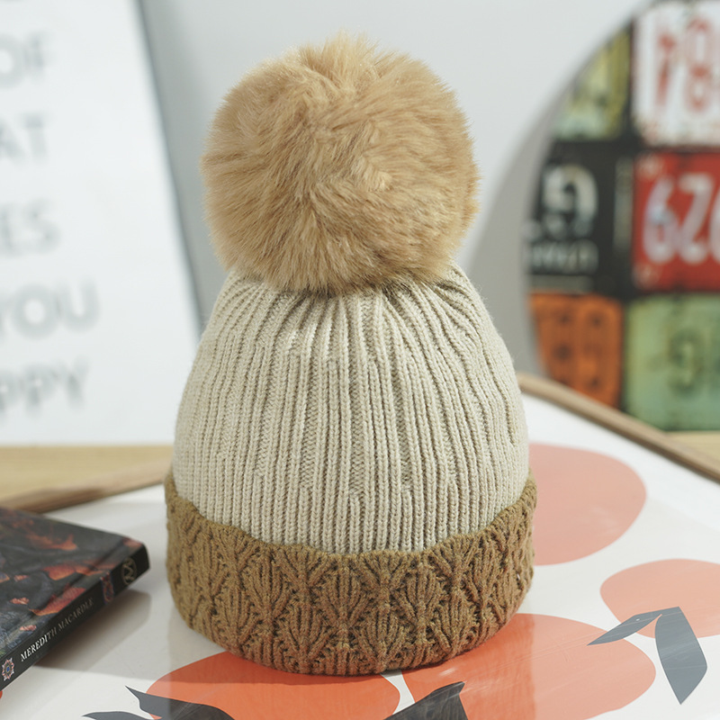 Winter Women's With Fleece Lining, Thickened And Warm Knitted Hat, Foreign Trade Cross-Border Pom-Pom Color-Block_voghion.com