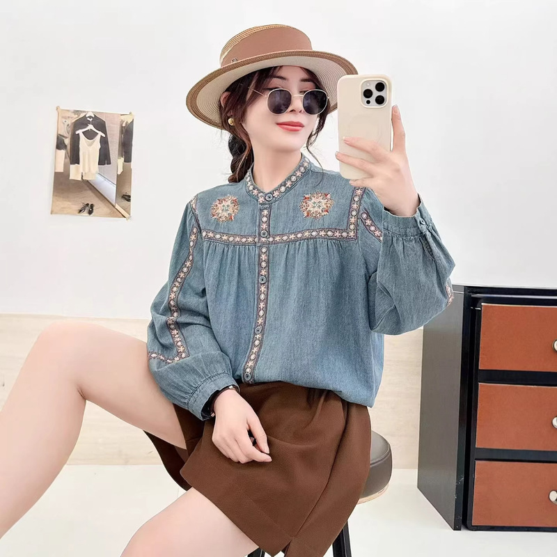 Embroidered Denim Shirt 2026 Spring New Style Artistic Lantern Sleeve Shirt Floral Cardigan Top for Women 5166