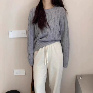 秋冬毛衣女复古慵懒风圆领短款麻花套头针织衫款宽松百搭休闲上衣