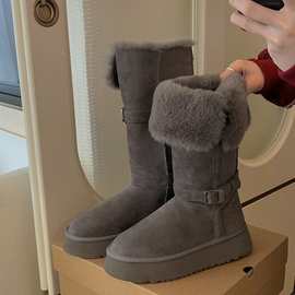 葡萄妈同款厚底毛毛加绒加厚保暖棉鞋中长筒雪地靴女冬季款