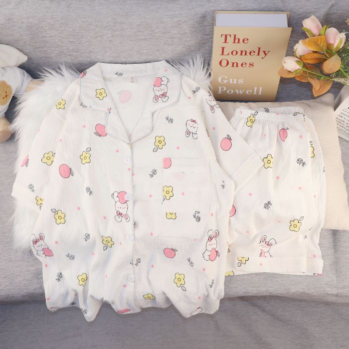 Pijamas de algodón nubes al por mayor transfronterizos de mujeres pantalones cortos de mangas cortas de verano nuevos cardigans con solapas de dibujos animados lindos cubiertas de ropa para el hogar