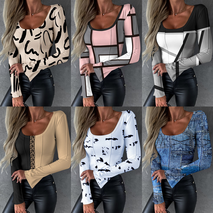 2023 Fashion New Printed U-Neck Split Long Sleeve Pleated Craft Top_voghion.com