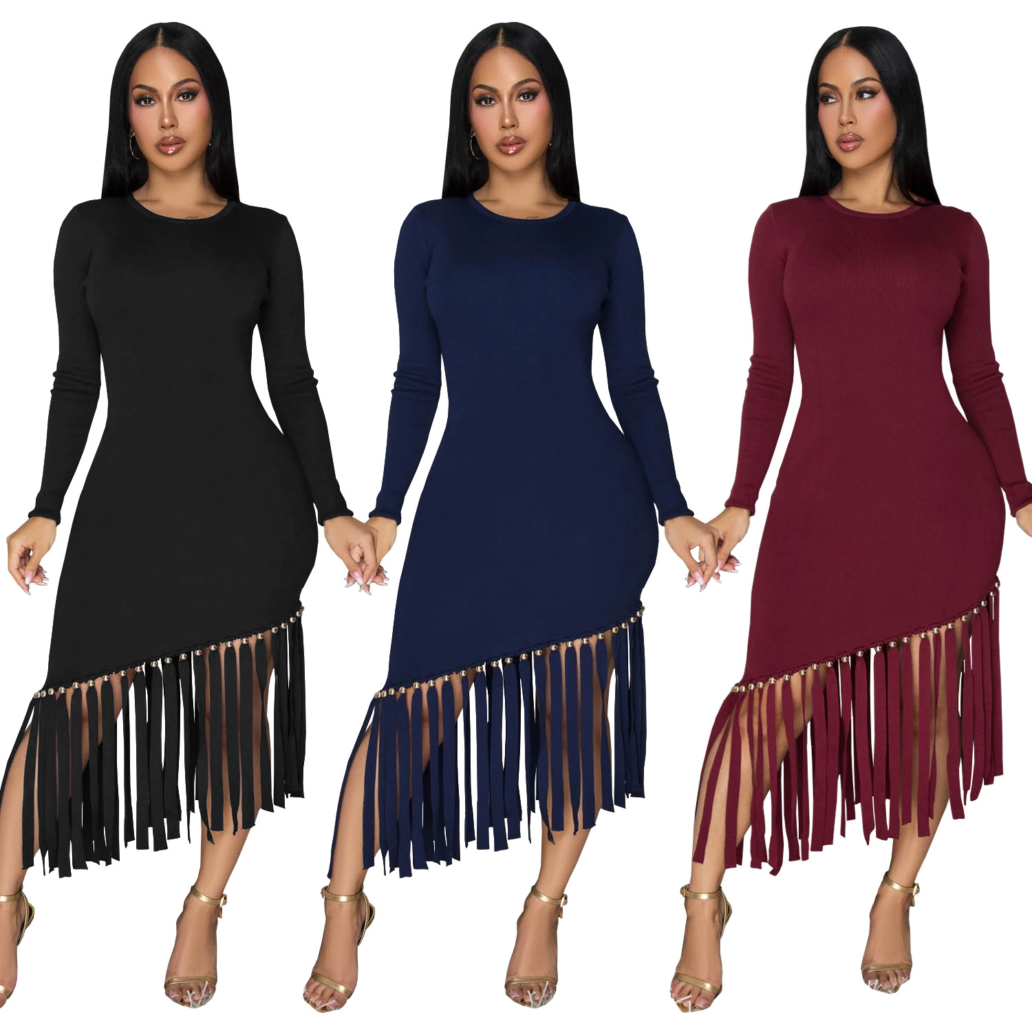 C7533 Aliexpress transfronterizo Amazon Europa y América moda femenina delgada de color sólido cuello redondo bordilla vestido de lados