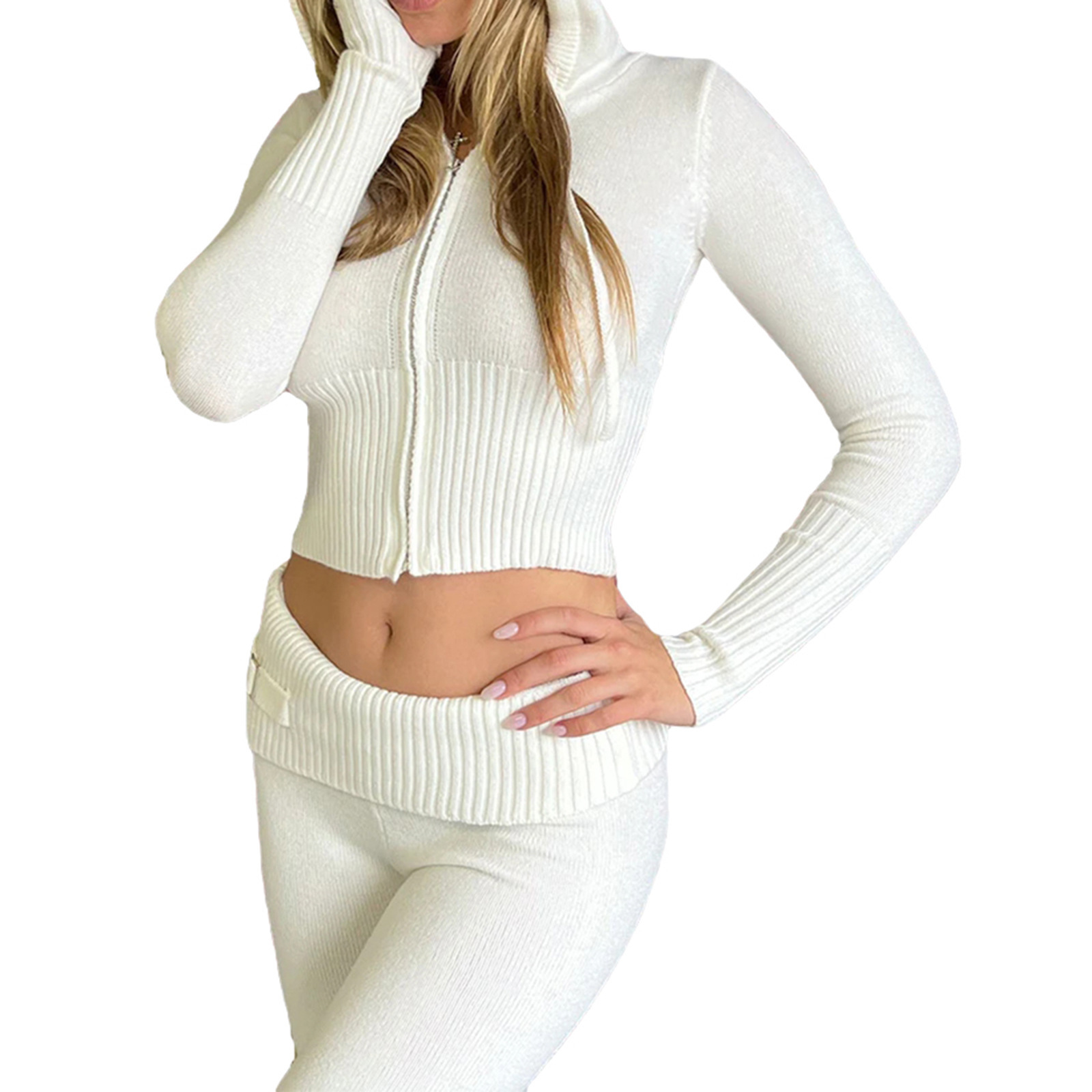 Ensemble deux pièces en tricot à capuche pour femme, pantalon sexy à manches longues et taille haute, à la mode_voghion.com