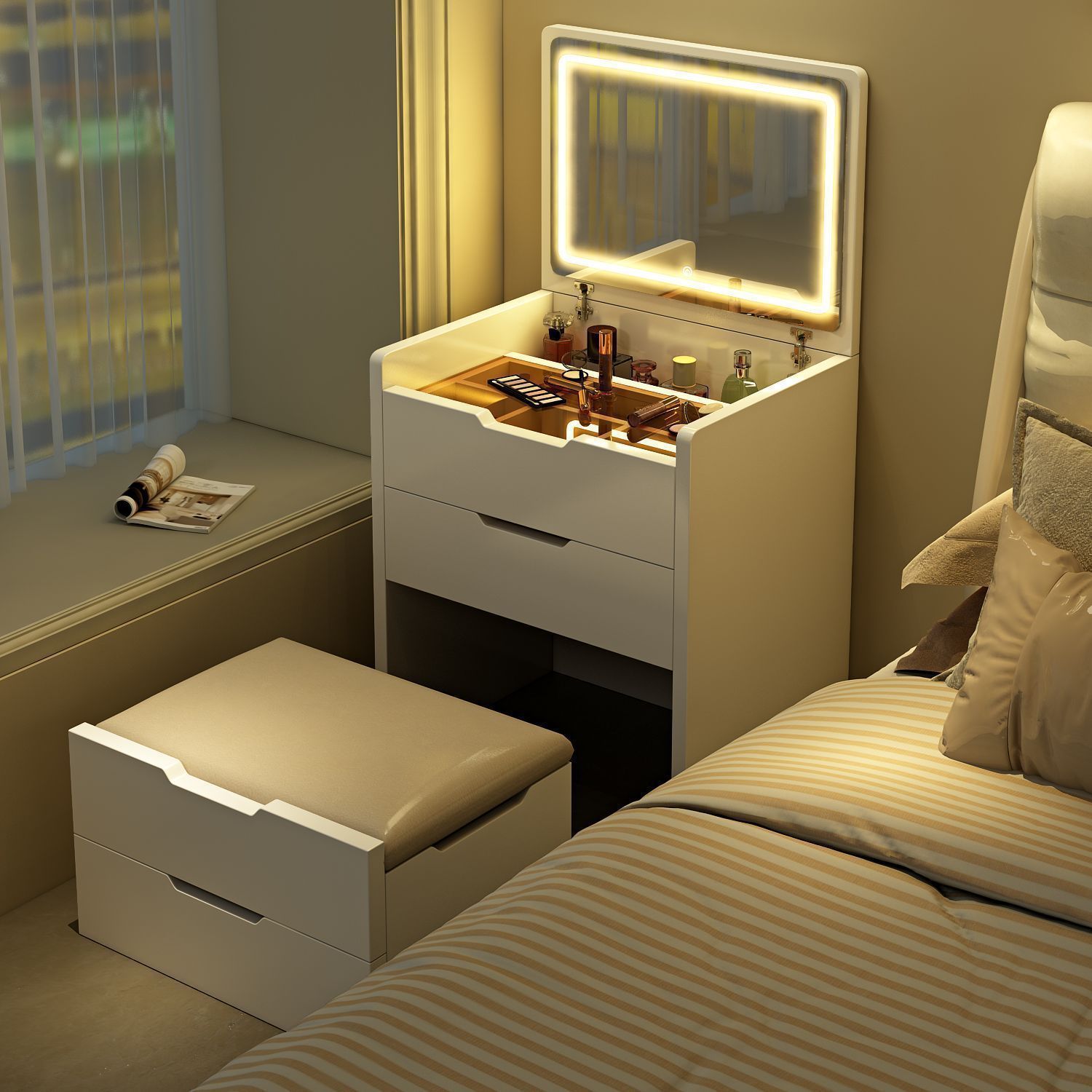 Solid Wood Flip-Top Dressing Table Flip-Top Small Household Makeup Bedside Table Integrated Storage Bedroom Makeup Table