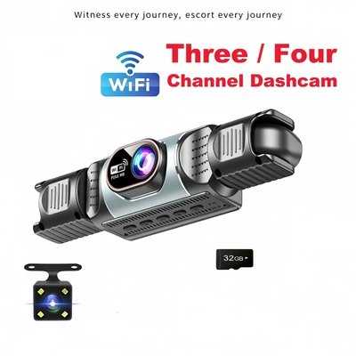 connectivity, and panoramic view for – Driving recorder - xc405-four-lens-camera-wifi-32gb-memory-card