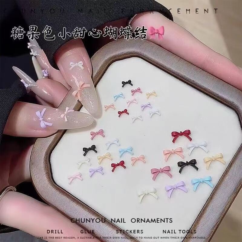 Popular Mini Bow Nail Art Diamond Large and Small Colorful Pink Sweetheart Bow Resin Nail Decorations
