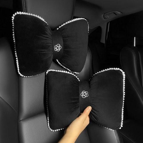 Bow car headrest pillow, creative plush pillow, lumbar support and neck pillow, bordered cute headrest car interior