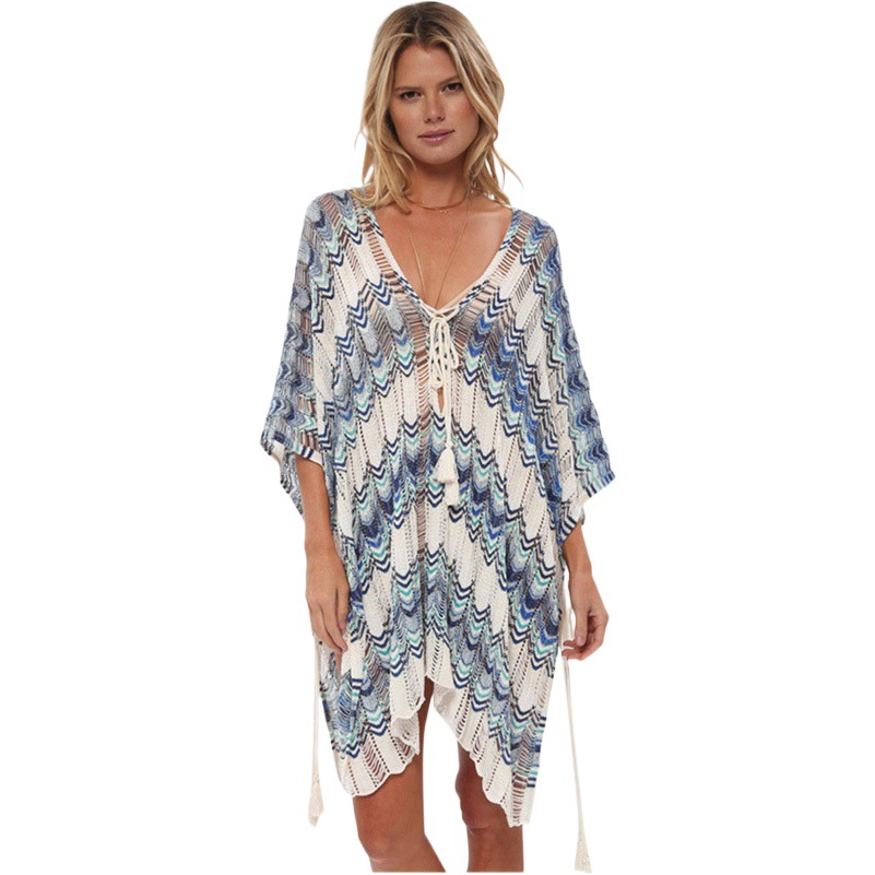 Transfronterizo europeo y americano nuevo Amazon hueco-fuera de punto playa blusa bikini traje de baño vacaciones ropa de protección solar para las mujeres