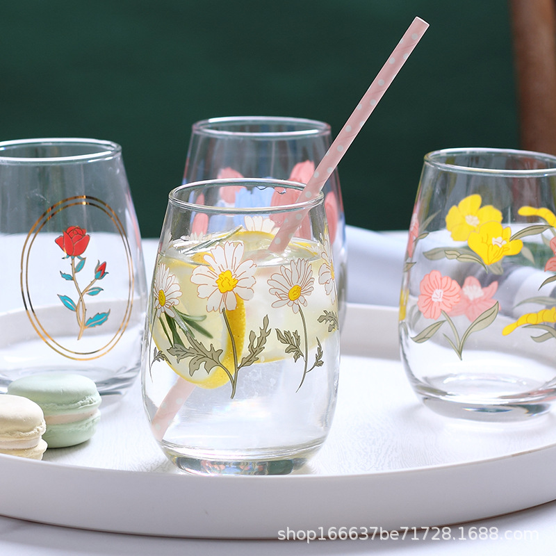 韩式ins网红印花玻璃水杯 咖啡杯子苏打水杯家用饮料杯牛奶果汁杯