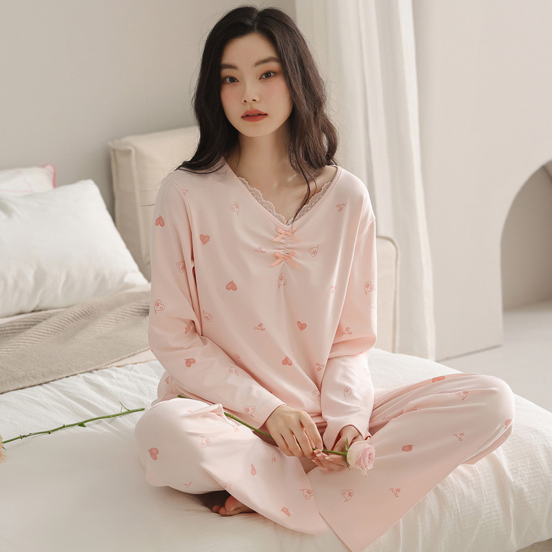 Girly Pink Sweet Pajamas for Women Spring & Fall Long-Sleeved Knitted Cotton Pullover High-Looking Home Clothes Support Live Streaming