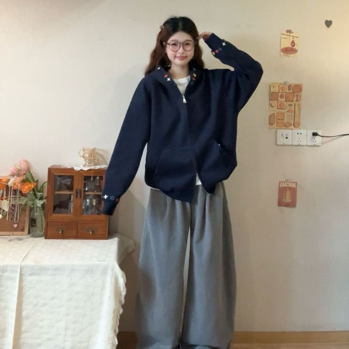 韩版刺绣开衫连帽卫衣女2025秋季新款设计感小众chic百搭休闲外套|undefined