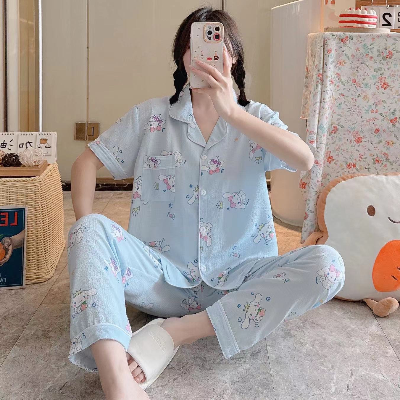 Pajamas de espuma tejidos de verano de algodón pantalones largos de mangas cortas ropa para el hogar de verano delgada de algodón conjunto de dos piezas