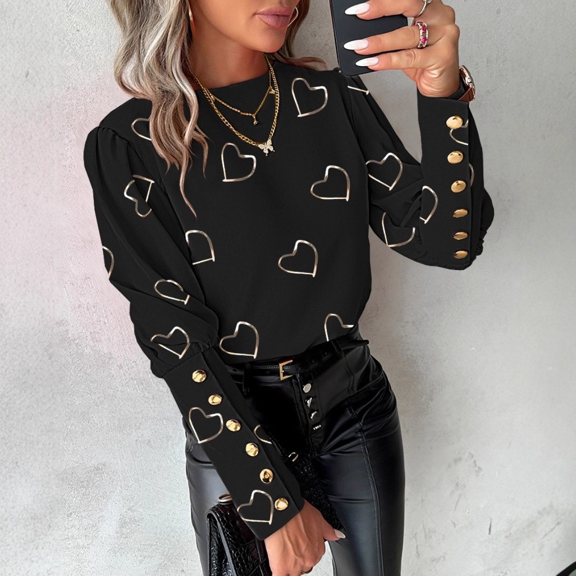 2023 estación Independiente deseo Amazon popular otoño y el invierno de la moda impresa manga larga cuello redondo botón camisa para las mujeres image 2