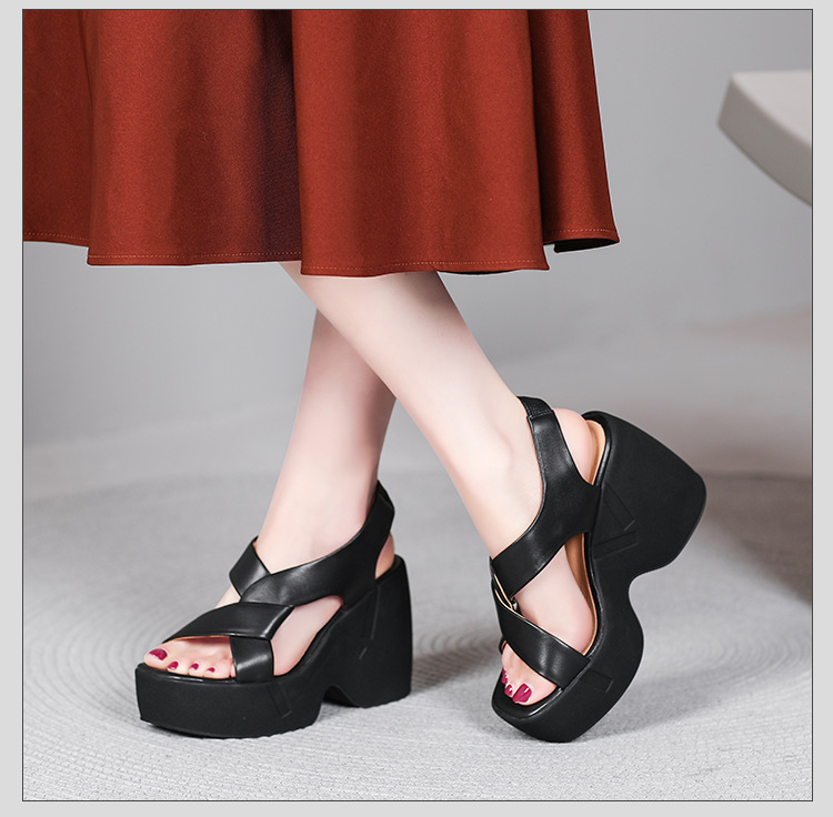 Sandal cao gót nữ hở mũi phong cách La Mã, đế xuồng, gót 9 cm, da cừu mềm — màu đen, màu trắng ngà chi tiết 4