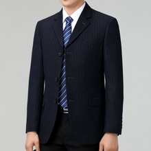 男士羊毛西服外套男单件西装条纹上衣三粒扣中年商务休闲毛料单西
