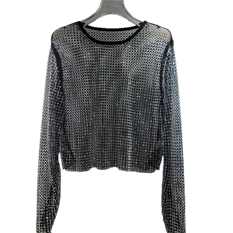 Nuevos productos europeos industria pesada caliente sensación de hielo estrella de diamante de cuello redondo camiseta de manga larga camiseta de perspectiva hueca camiseta