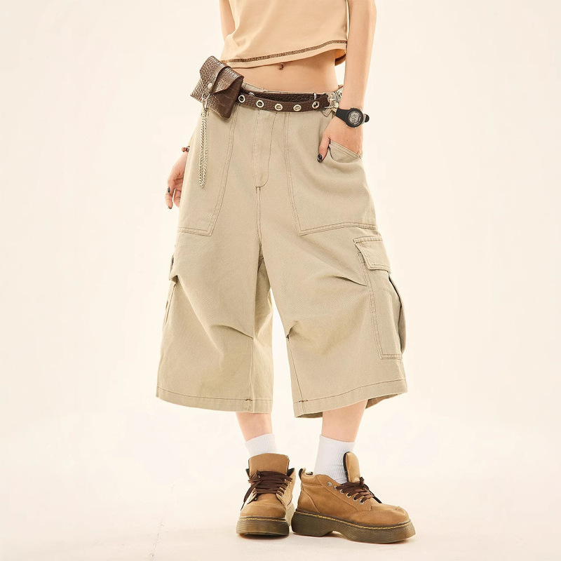 Trendy Khaki Multi-Pocket Loose Cargo Denim Shorts for Women 2025 Summer Versatile Casual Wide-Leg Cropped Pants