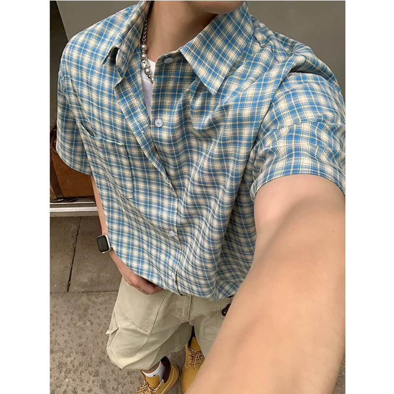 美式复古短袖格子衬衣男款夏季新款潮流男生穿搭宽松半袖衬衫上衣