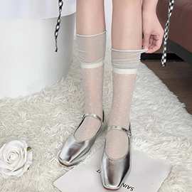 春夏薄款银丝拼接粉色波点小腿袜日系JK袜堆堆袜舒适弹力中筒袜女