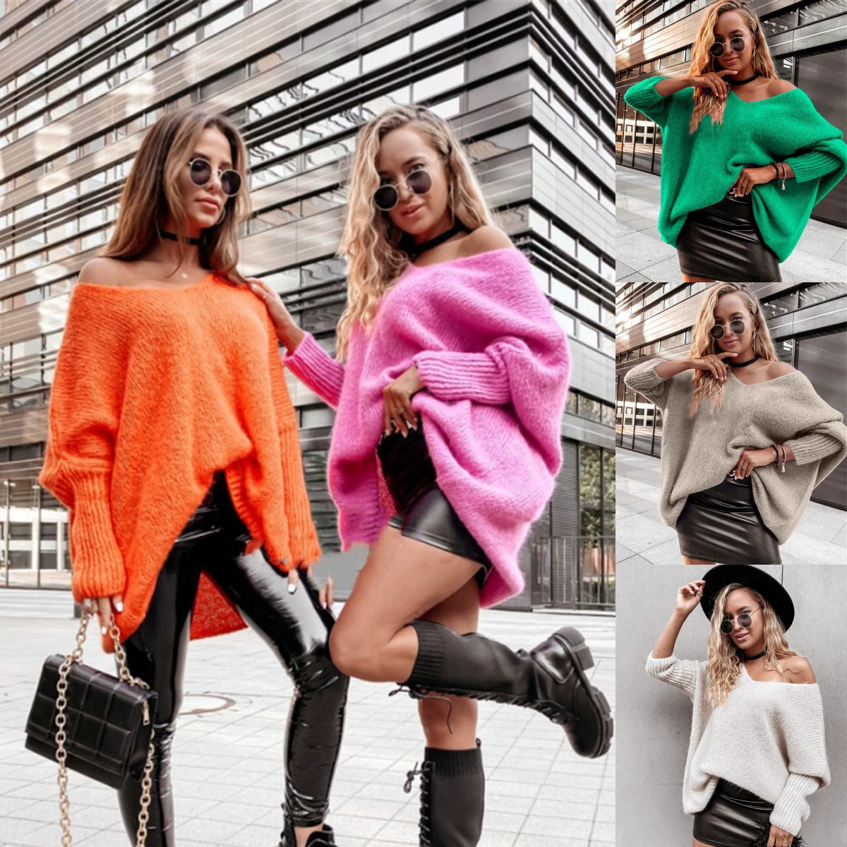Свитер, вязаная футболка, oversize, V-образный вырез