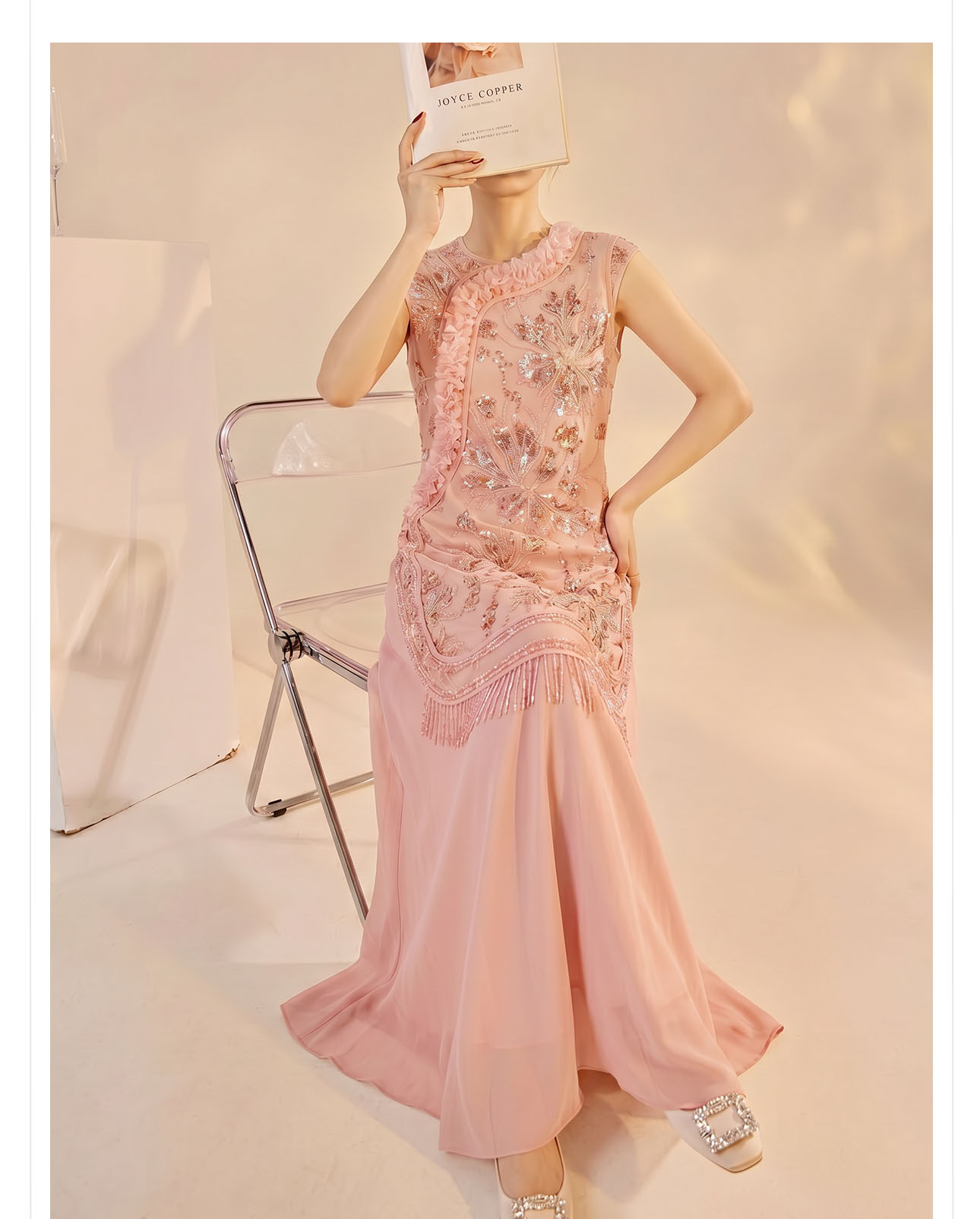 Đầm maxi nữ thêu hoa cao cấp kiểu mới — màu hồng chi tiết 6