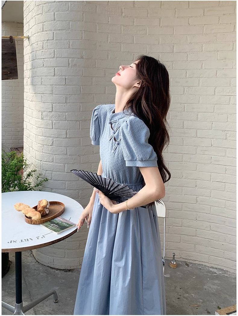 Blue Chinese Style For Women, Summer 2025 New Model, Improved Cheongsam, Elegant And Slimming Long A-line Dress_ecoleips.com